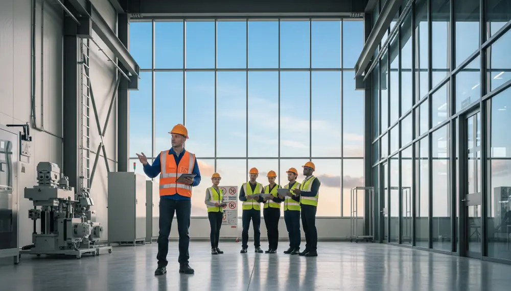 Técnico de prevención de riesgos laborales inspeccionando instalación industrial